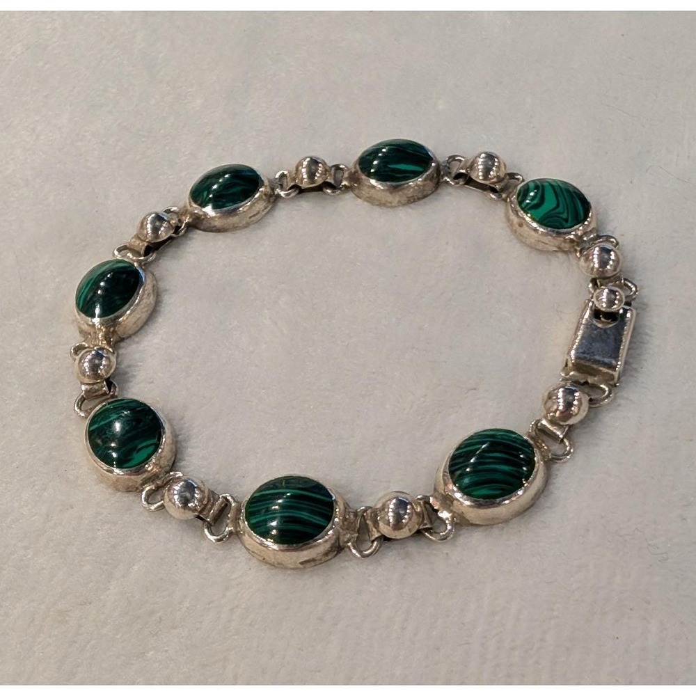 Vintage Mexico 925 Sterling Silver Malachite Oval Link Bracelet 7.5 Inch